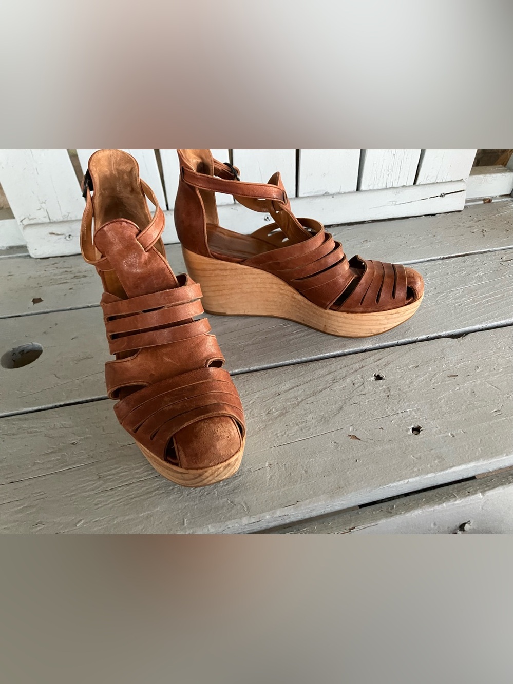 COCLICO Soft Brown Leather Strappy Wedge Sandals Wood Clog - Picture 8 of 15